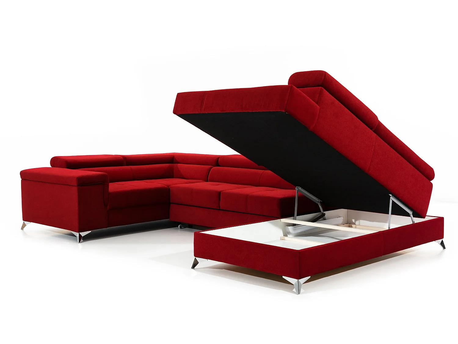 Canapé panoramique convertible TRIANO velours - têtières réglables-Rouge-Coffre à droite
