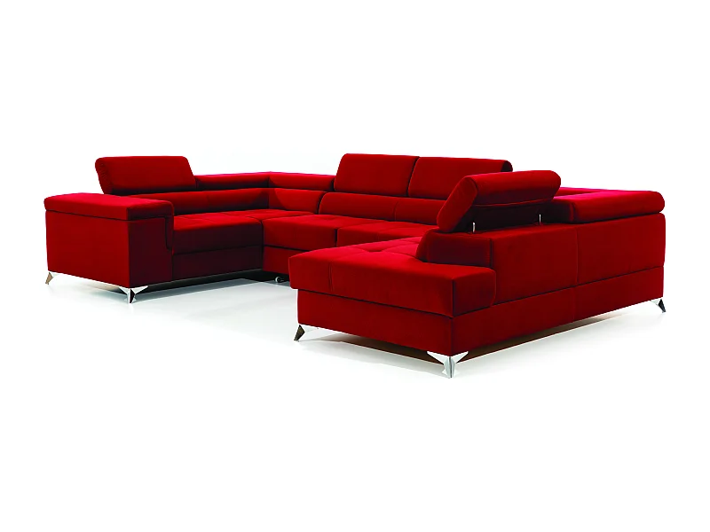 Canapé panoramique convertible TRIANO velours - têtières réglables-Rouge-Coffre à droite