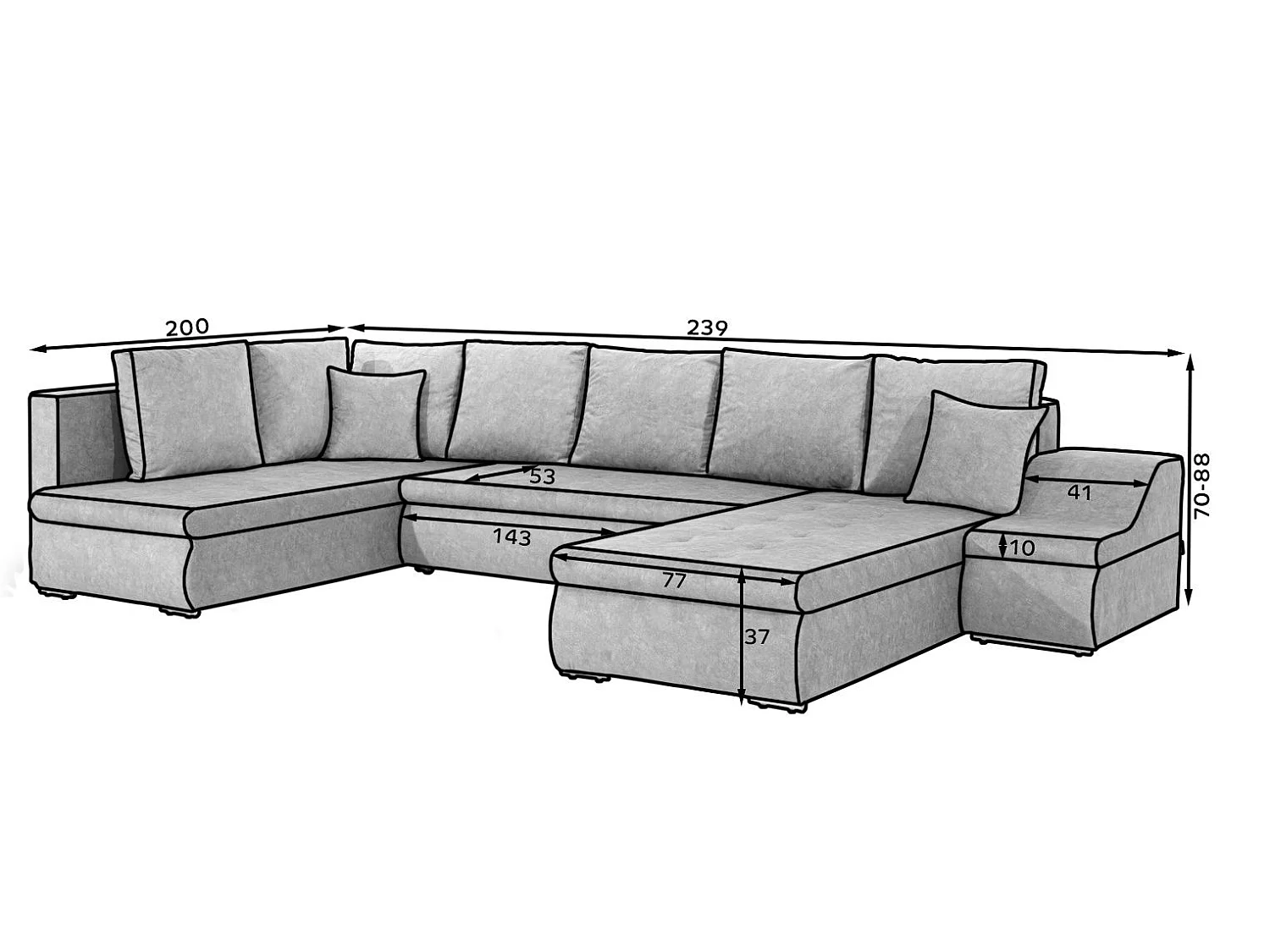 Canapé d'angle panoramique convertible 6 places en tissu gris JONAZ 340cm
