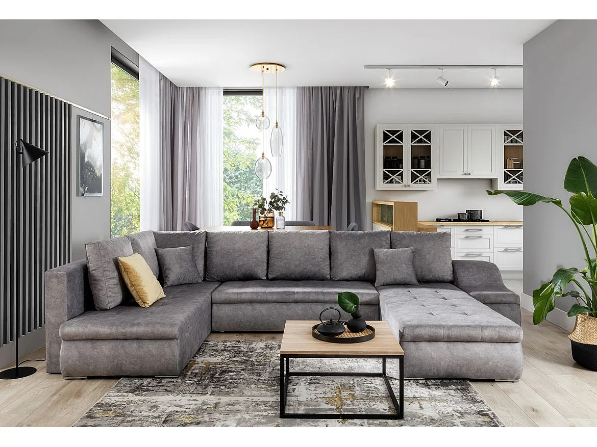 Canapé d'angle panoramique convertible 6 places en tissu gris JONAZ 340cm
