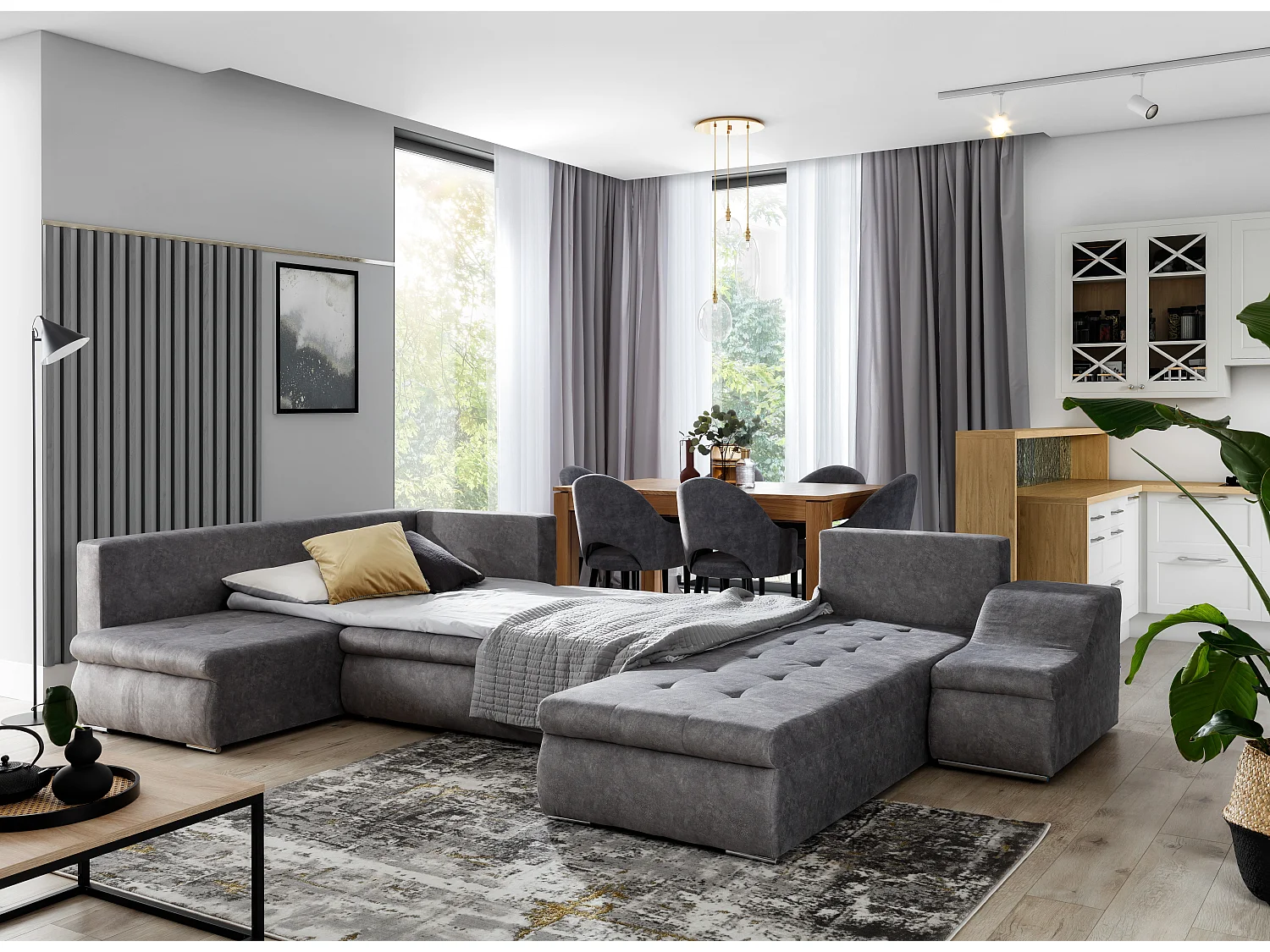 Canapé d'angle panoramique convertible 6 places en tissu gris JONAZ 340cm
