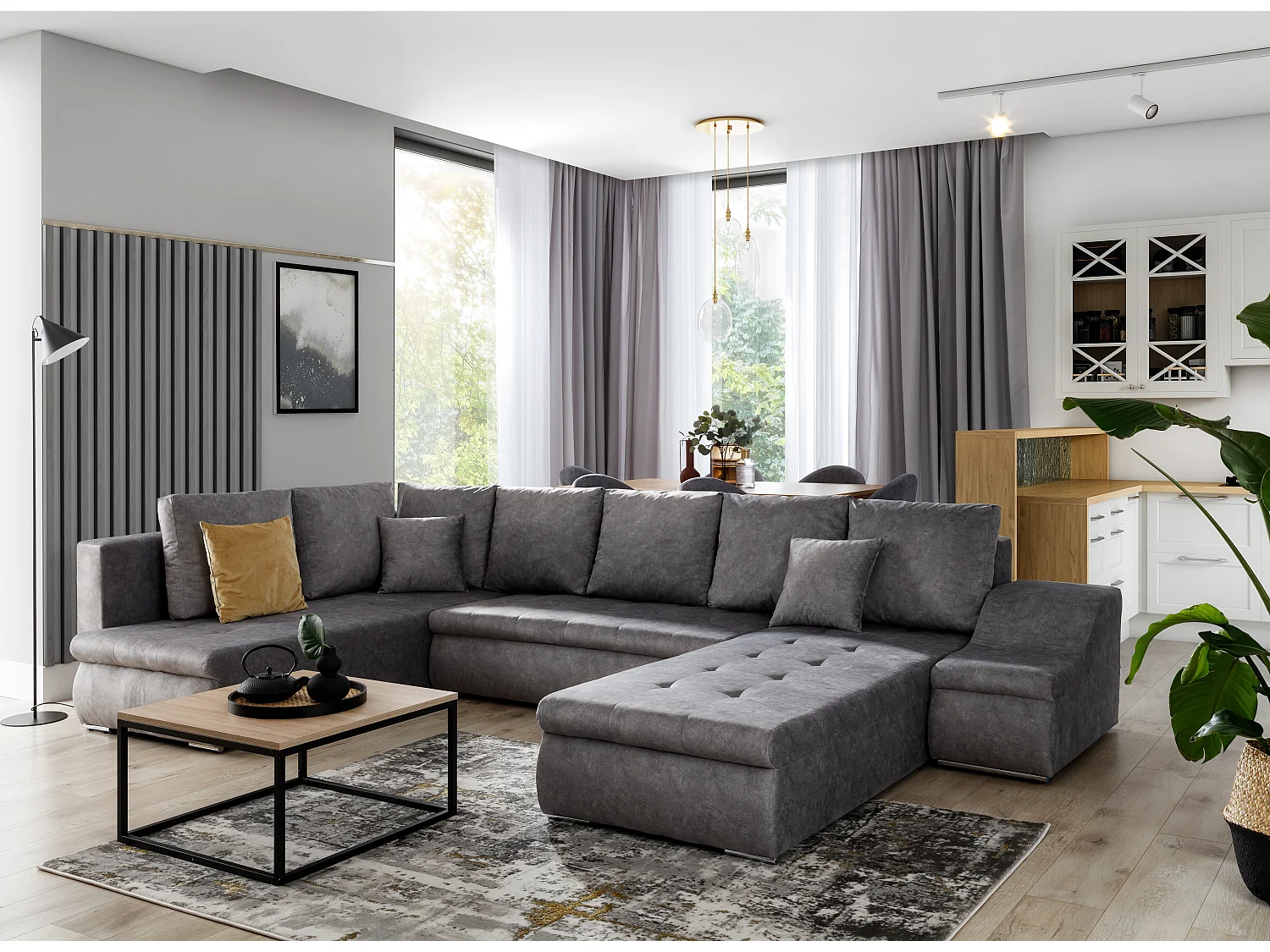 Canapé d'angle panoramique convertible 6 places en tissu gris JONAZ 340cm