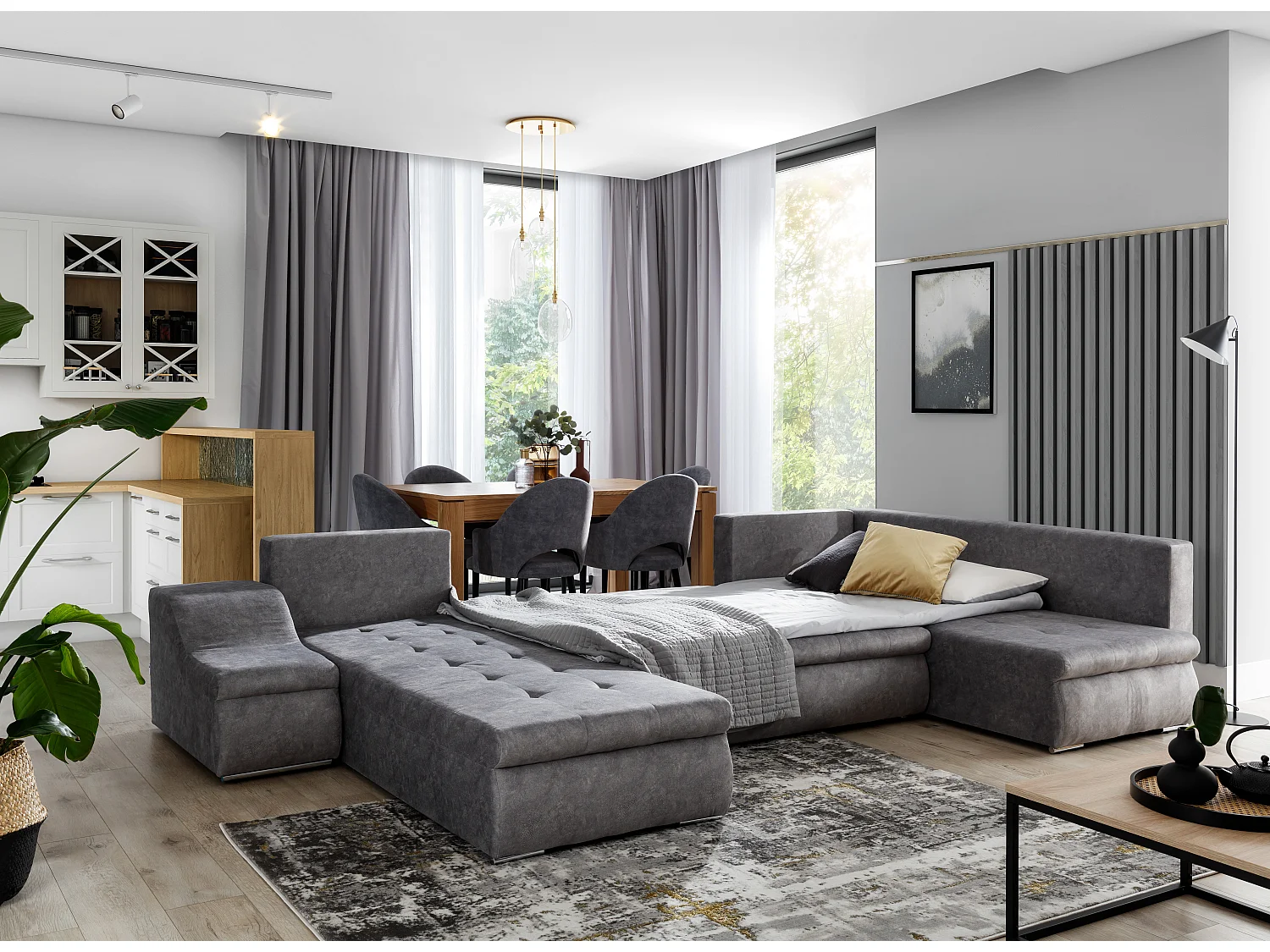 Canapé panoramique convertible velours marron Jonaz 340cm-Méridienne A gauche