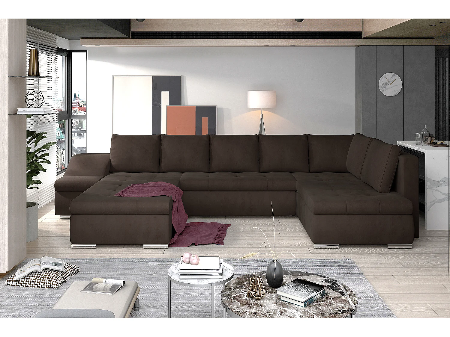 Canapé panoramique convertible velours marron Jonaz 340cm-Méridienne A gauche