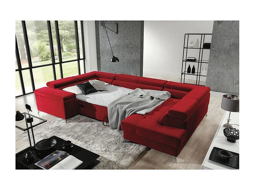 Canapé panoramique convertible TRIANO velours - têtières réglables-Rouge-Coffre à gauche