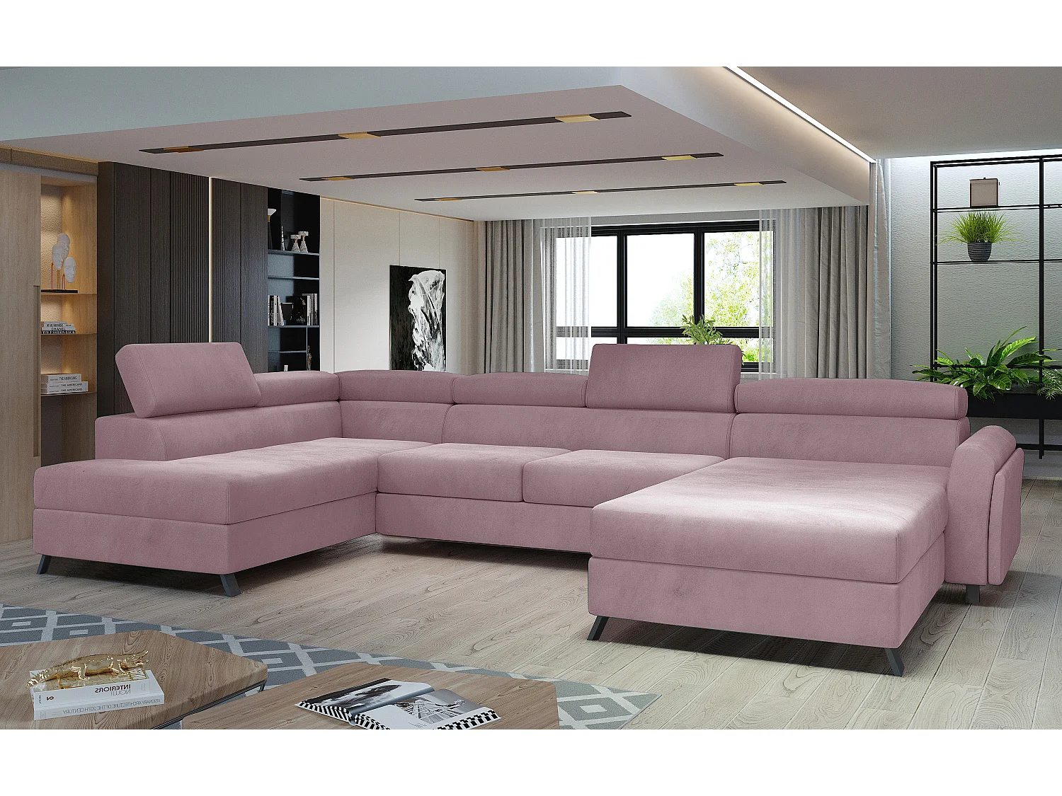 Grand canapé panoramique convertible velours rose avec coffre Konba 370cm-Coffre de rangement à gauche