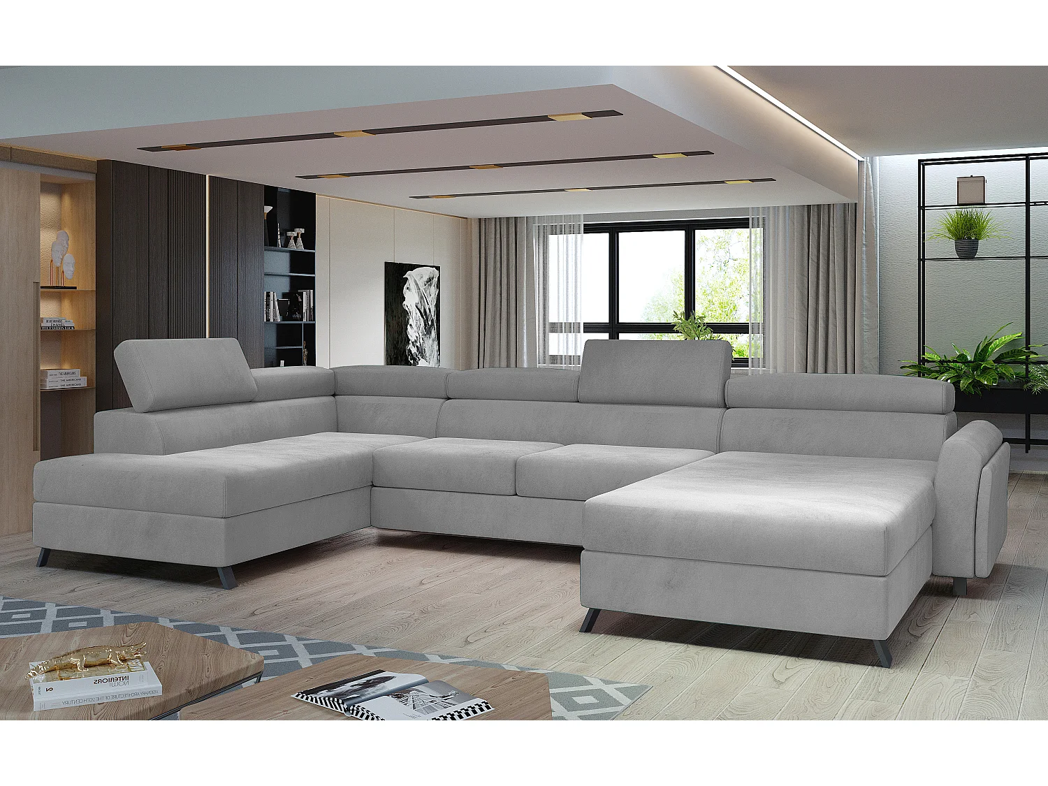 Grand canapé panoramique convertible velours gris clair avec coffre Konba 370cm-Coffre de rangement à gauche