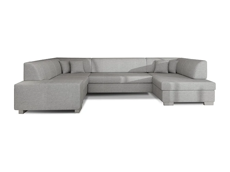 Canapé convertible panoramique tissu gris clair avec coffre de rangement Houston 320cm-Coffre de rangement à droite