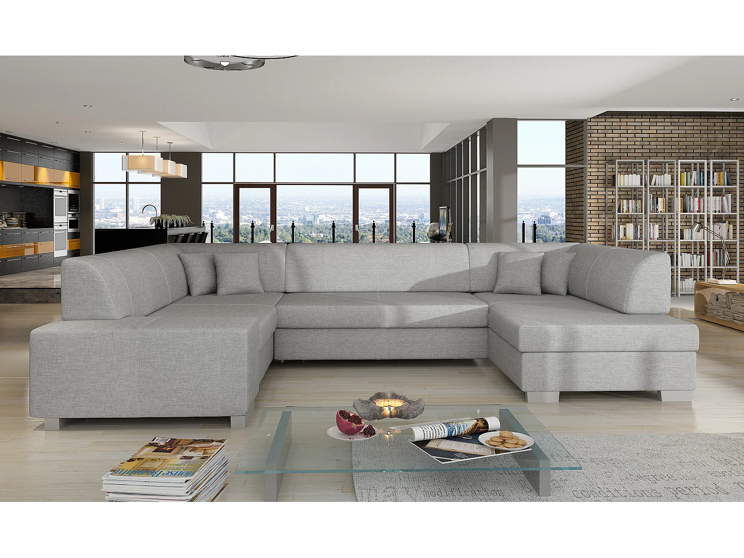 Panoramische slaapbank in lichtgrijze stof met opbergdoos Houston 320 cm-Opslagruimte naar rechts