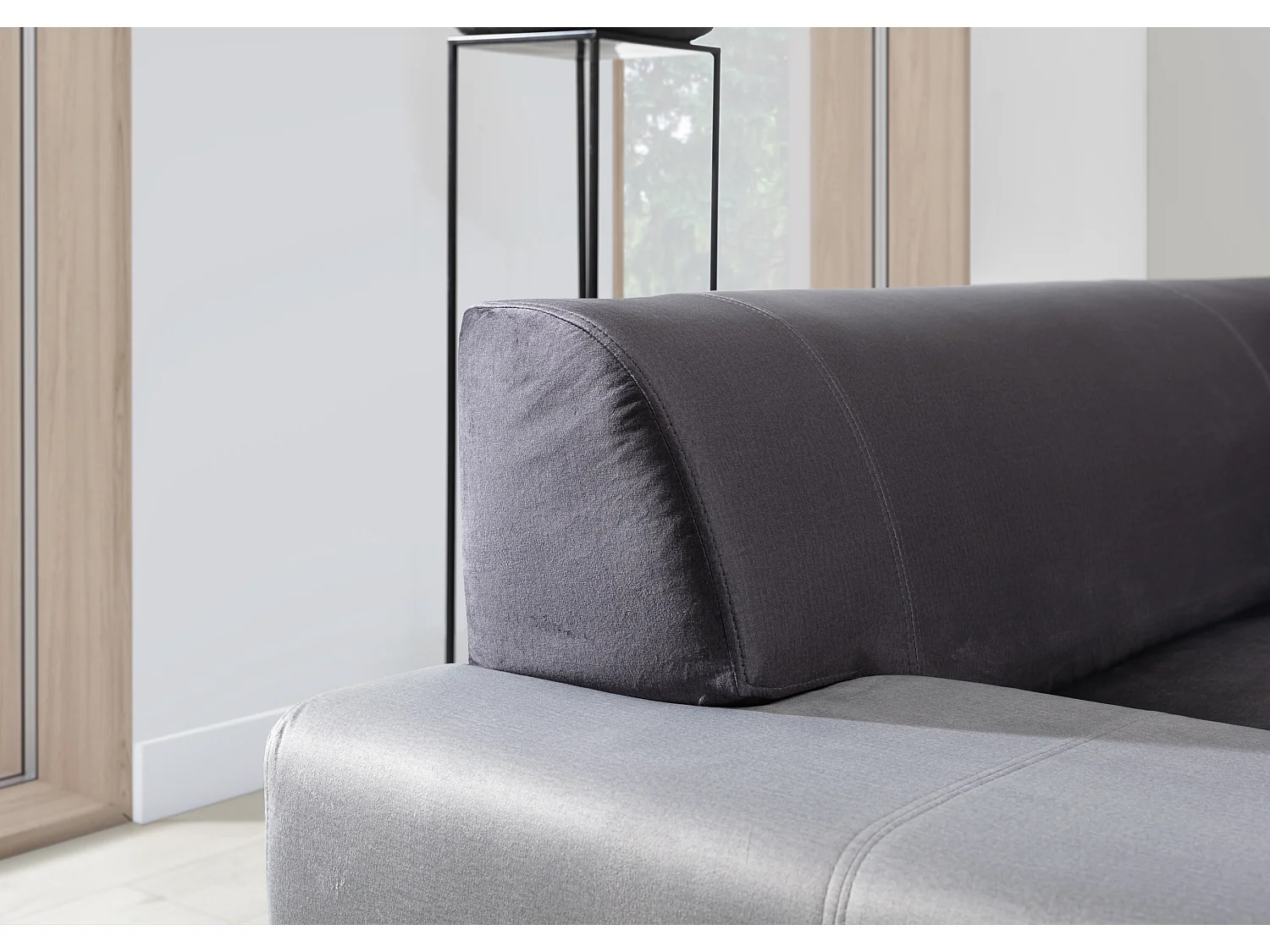 Canapé convertible panoramique tissu gris clair avec coffre de rangement Houston 320cm-Coffre de rangement à droite