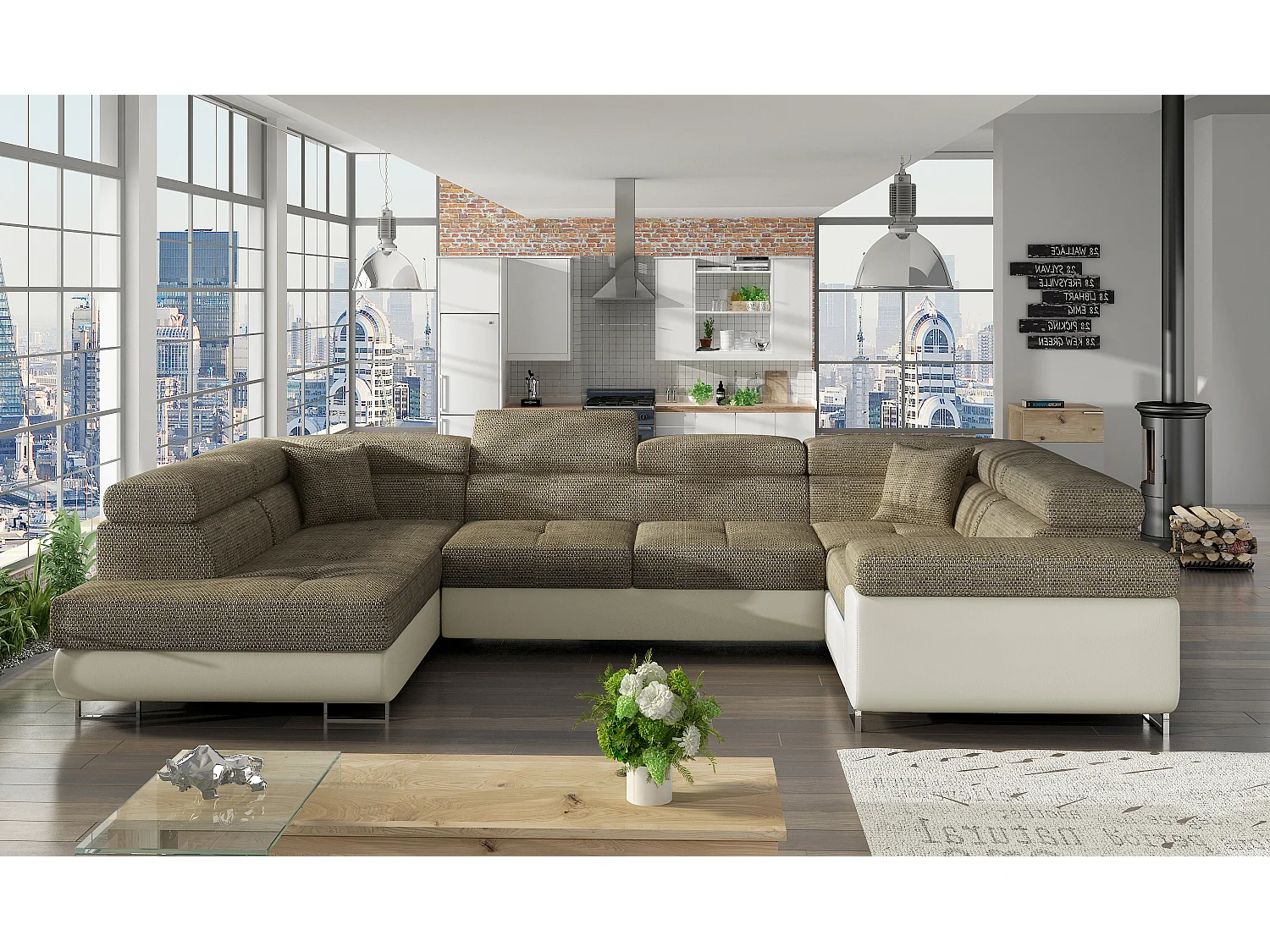 Canapé convertible U gauche tissu beige chiné et simili crème avec coffre de rangement Tovy 340cm