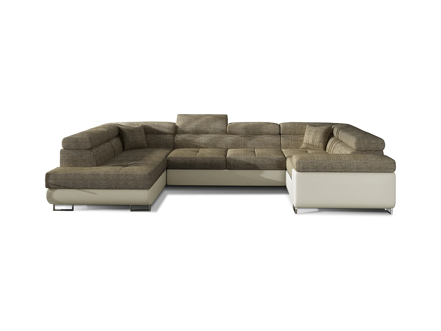 Canapé convertible U gauche tissu beige chiné et simili crème avec coffre de rangement Tovy 340cm