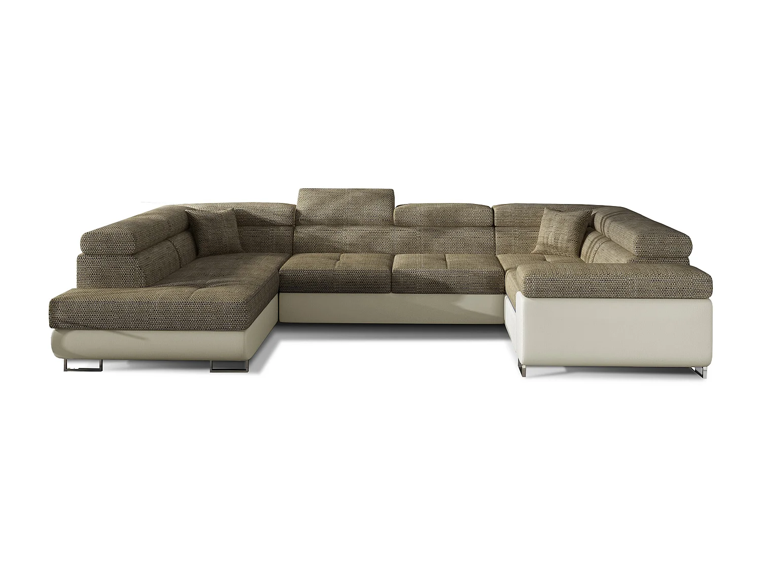 Canapé convertible U gauche tissu beige chiné et simili crème avec coffre de rangement Tovy 340cm