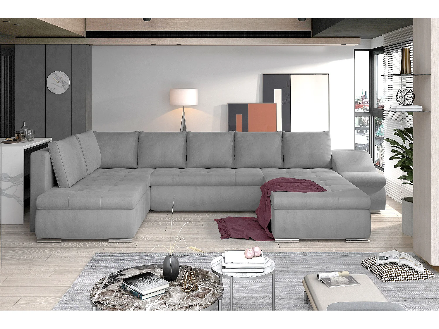 Canapé panoramique convertible velours gris clair Jonaz 340cm-Méridienne A droite
