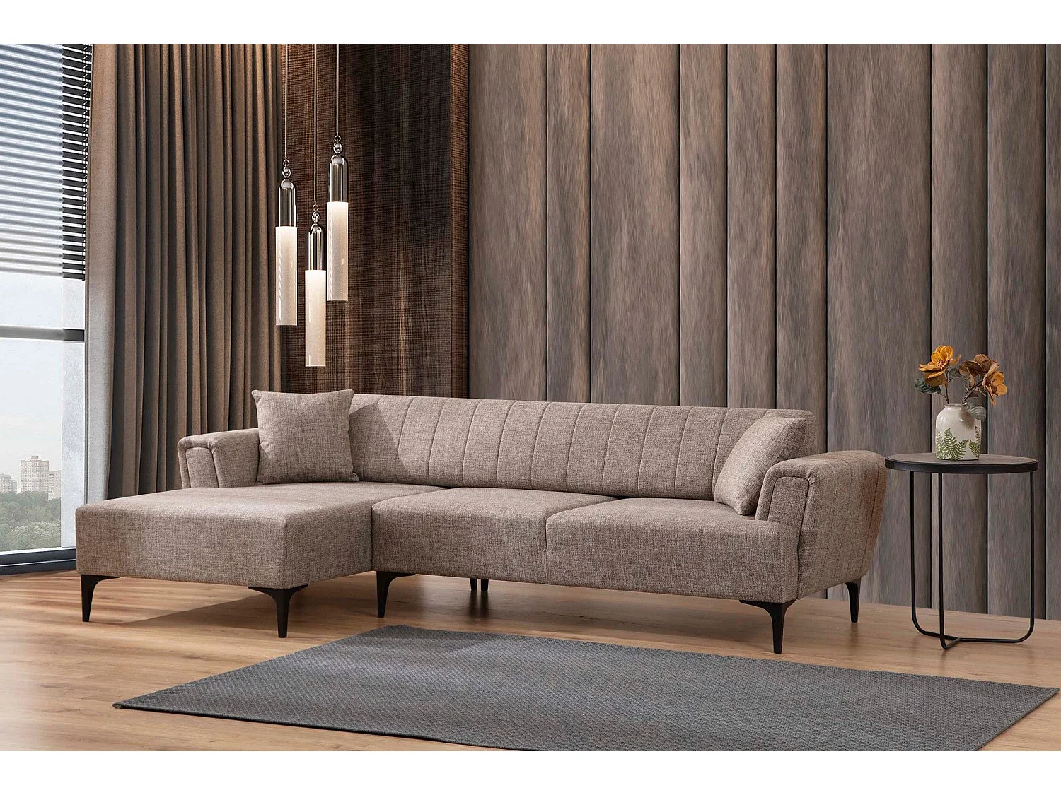 Canapé d'angle à gauche convertible Devinos Tissu Taupe