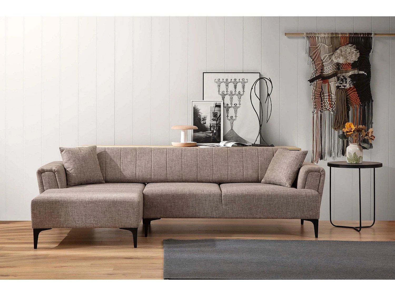 Canapé d'angle à gauche convertible Devinos Tissu Taupe