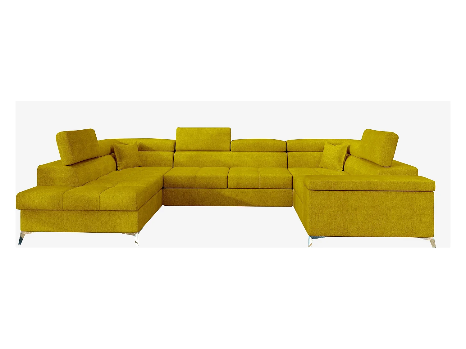 Canapé panoramique convertible tissu vert moutarde avec coffre de rangement Triano 342cm-Coffre de rangement à gauche