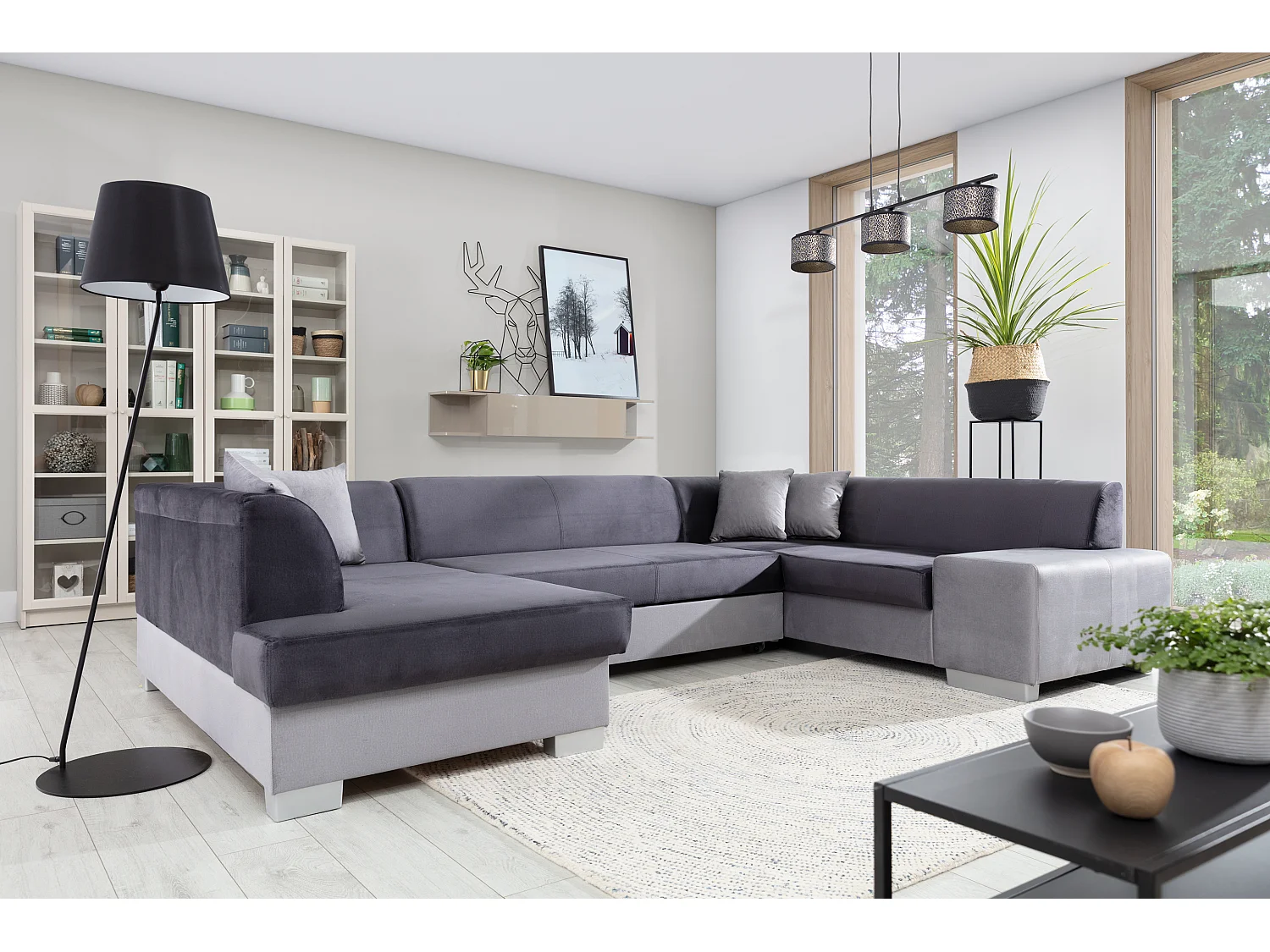 Canapé convertible panoramique bi matières tissu noir et simili cuir noir avec coffre de rangement Houston 320cm-Coffre de rangement à gauche