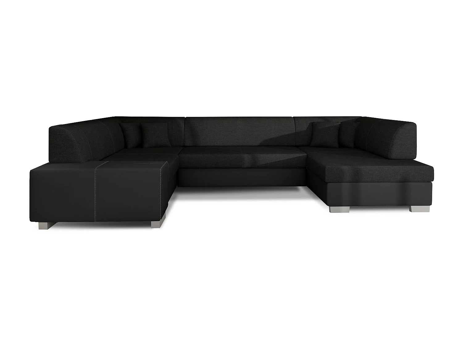 Canapé convertible panoramique bi matières tissu noir et simili cuir noir avec coffre de rangement Houston 320cm-Coffre de rangement à gauche