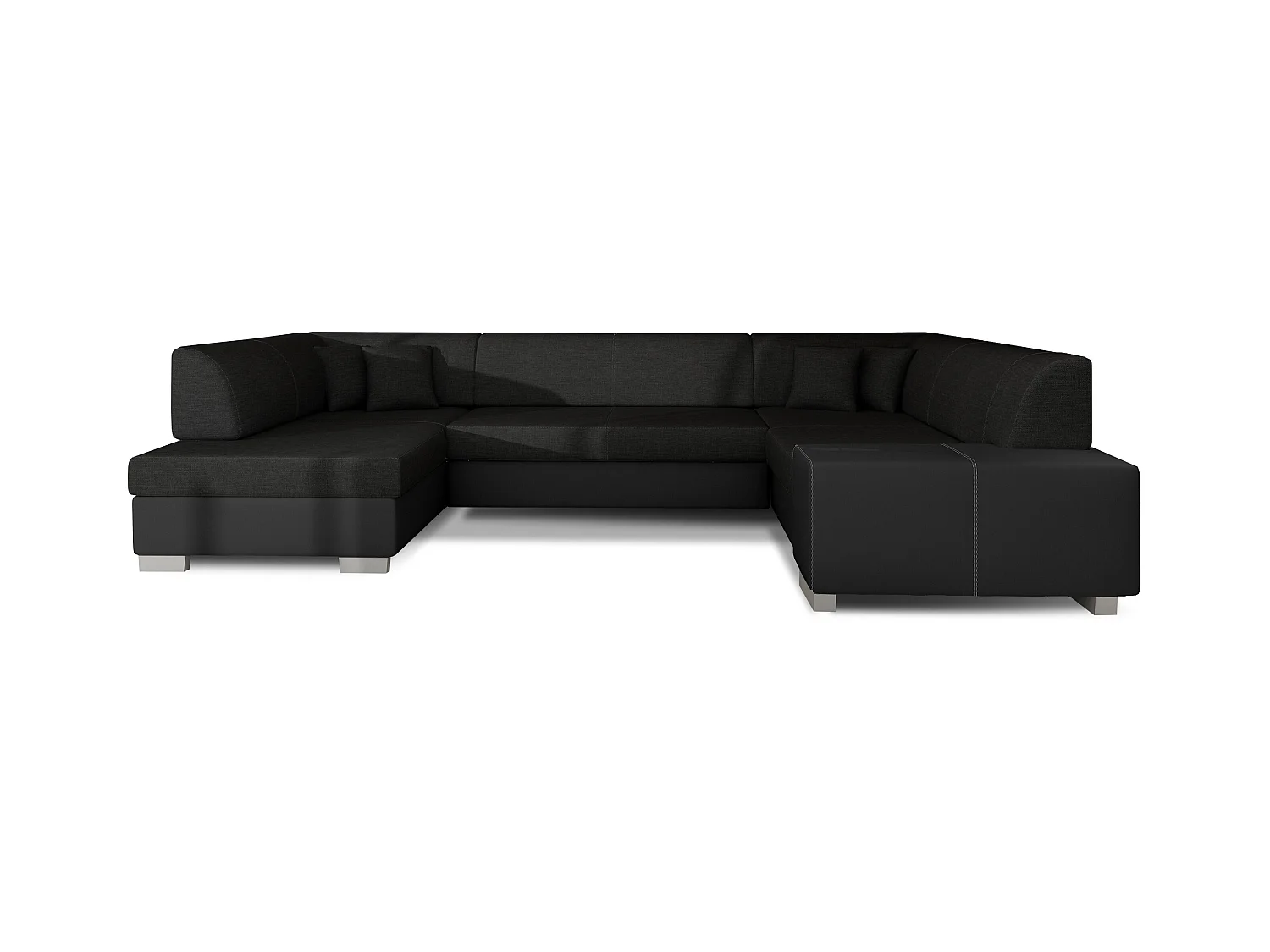 Canapé convertible panoramique bi matières tissu noir et simili cuir noir avec coffre de rangement Houston 320cm-Coffre de rangement à gauche