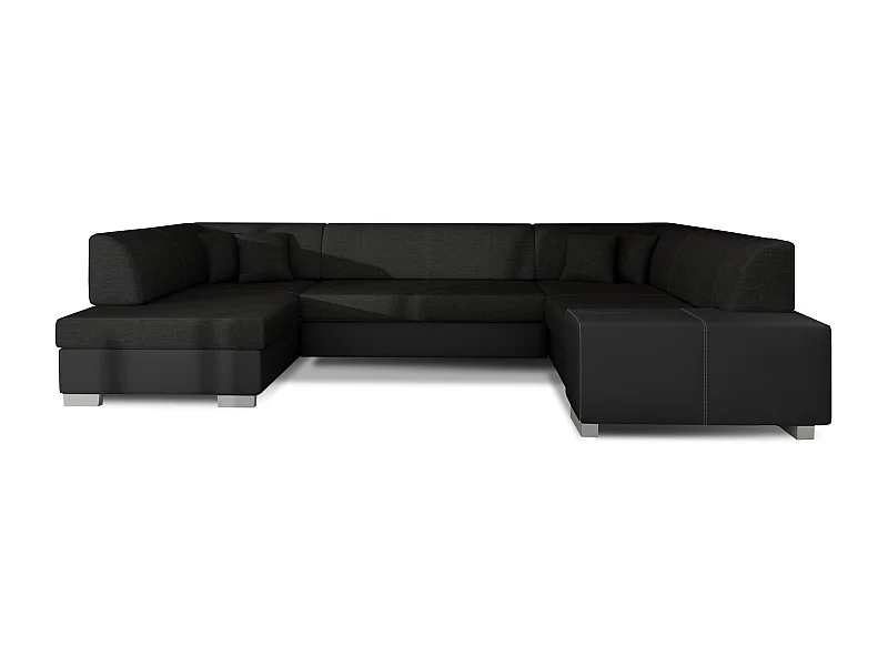 Canapé convertible panoramique bi matières tissu noir et simili cuir noir avec coffre de rangement Houston 320cm-Coffre de rangement à gauche