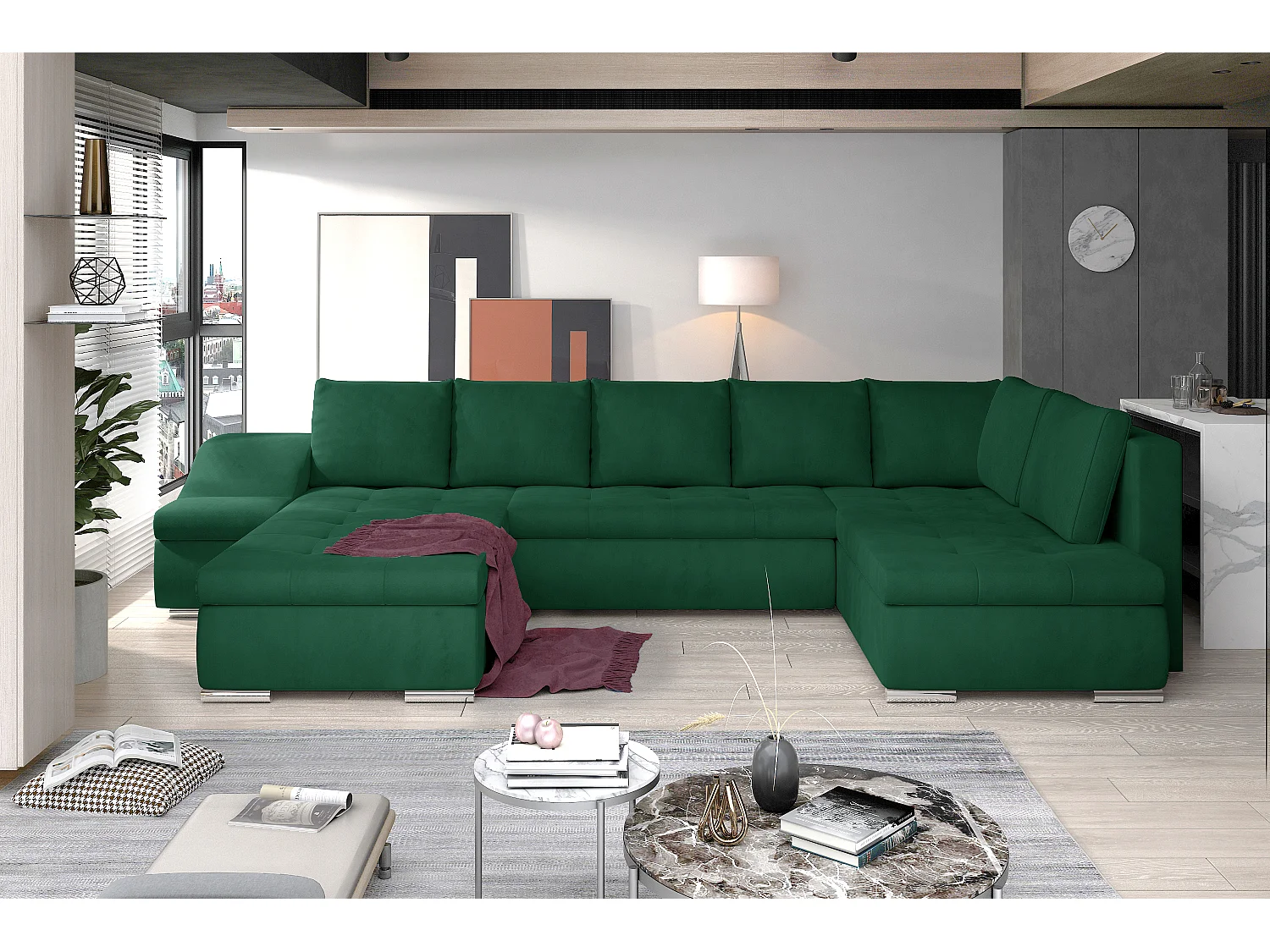 Canapé panoramique convertible velours vert Jonaz 340cm-Méridienne A gauche