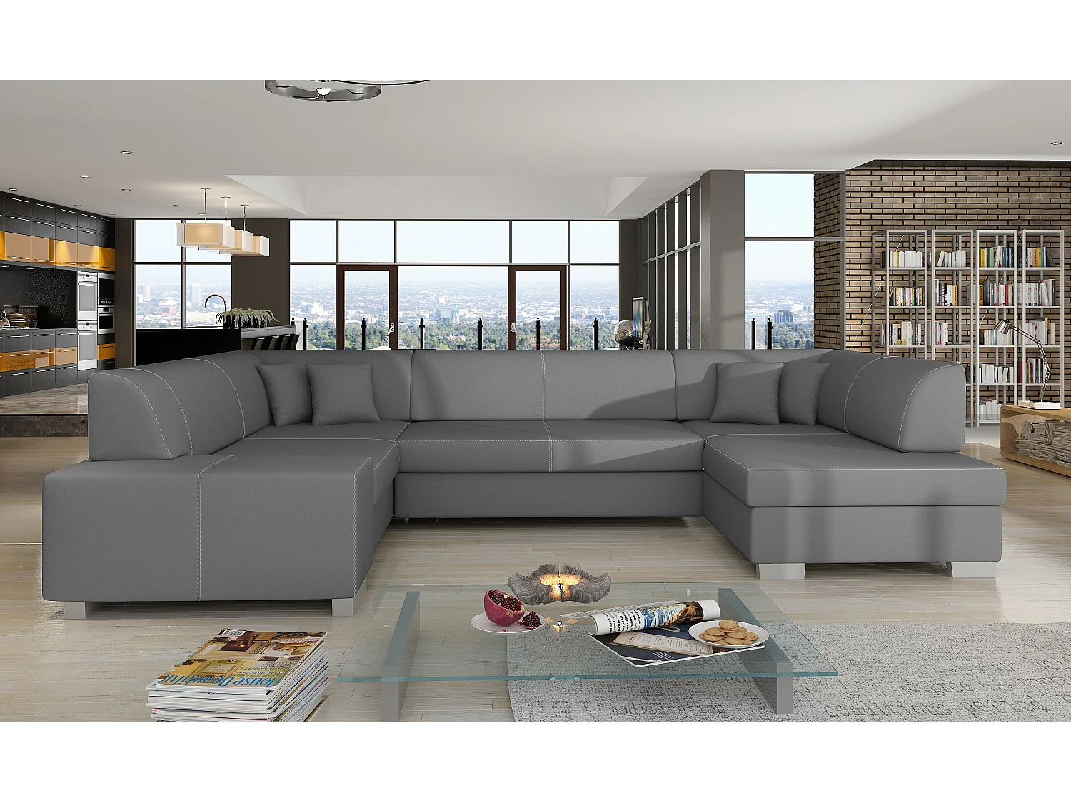 Canapé convertible panoramique simili cuir gris avec coffre de rangement Houston 320cm-Coffre de rangement à droite