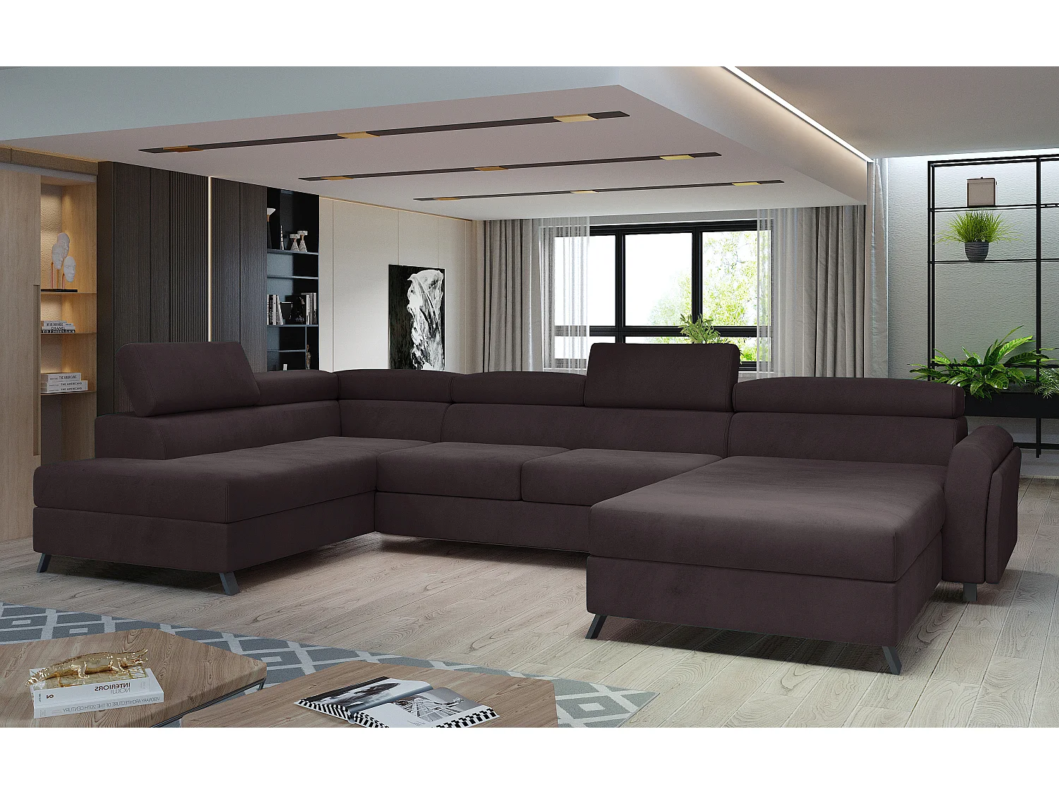 Grand canapé panoramique convertible velours marron avec coffre Konba 370cm-Coffre de rangement à gauche