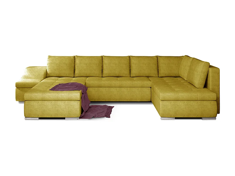 Canapé panoramique convertible tissu vert moutarde Jonaz 340cm-Méridienne A gauche