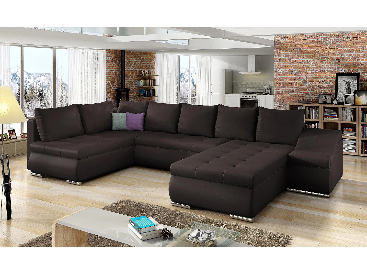 Canapé panoramique convertible simili cuir marron Jonaz 340cm-Méridienne A droite