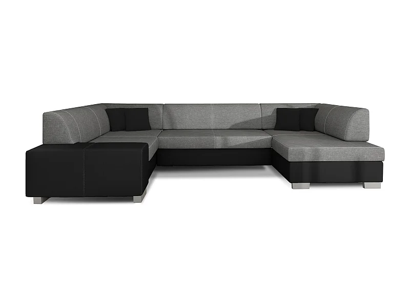 Canapé convertible panoramique bi matières tissu gris et simili cuir noir avec coffre de rangement Houston 320cm-Coffre de rangement à droite