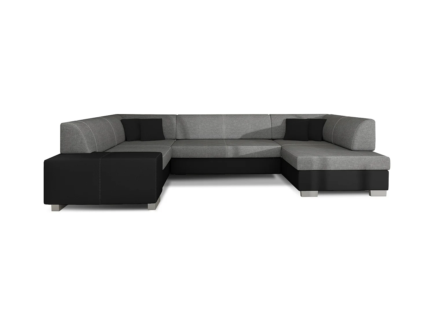 Canapé convertible panoramique bi matières tissu gris et simili cuir noir avec coffre de rangement Houston 320cm-Coffre de rangement à droite