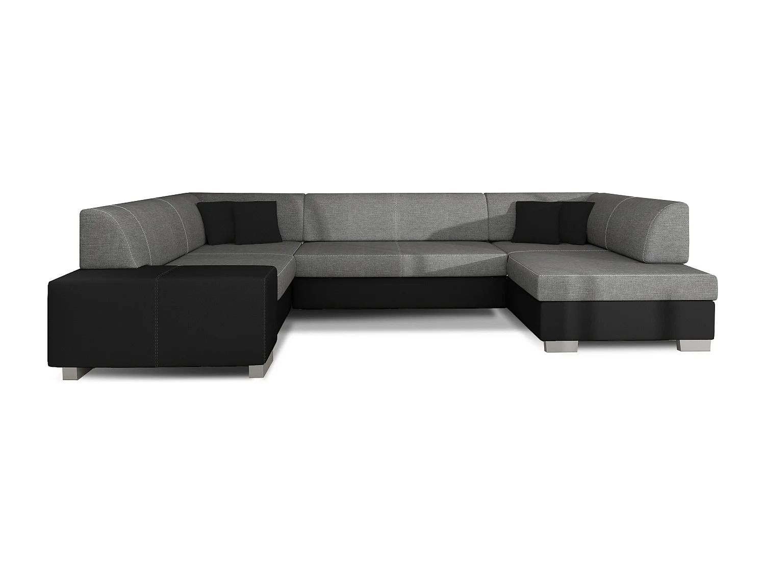 Canapé convertible panoramique bi matières tissu gris et simili cuir noir avec coffre de rangement Houston 320cm-Coffre de rangement à droite