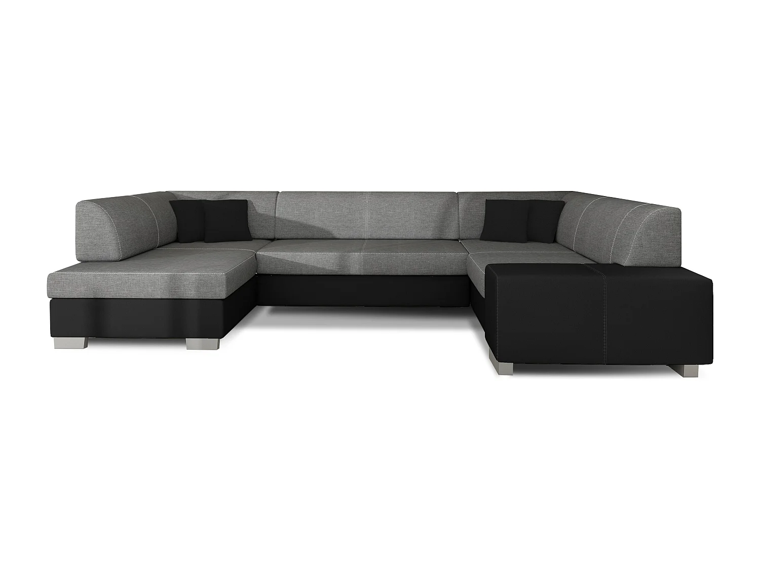 Canapé convertible panoramique bi matières tissu gris et simili cuir noir avec coffre de rangement Houston 320cm-Coffre de rangement à droite