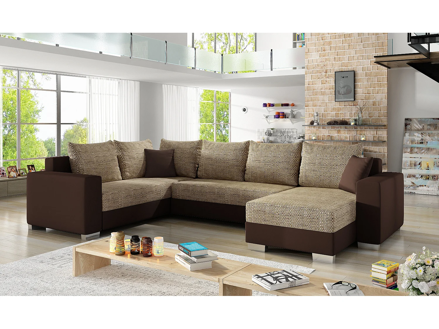 Canapé U convertible tissu beige chiné et simili marron foncé coffre de rangement à droite Marry 321cm