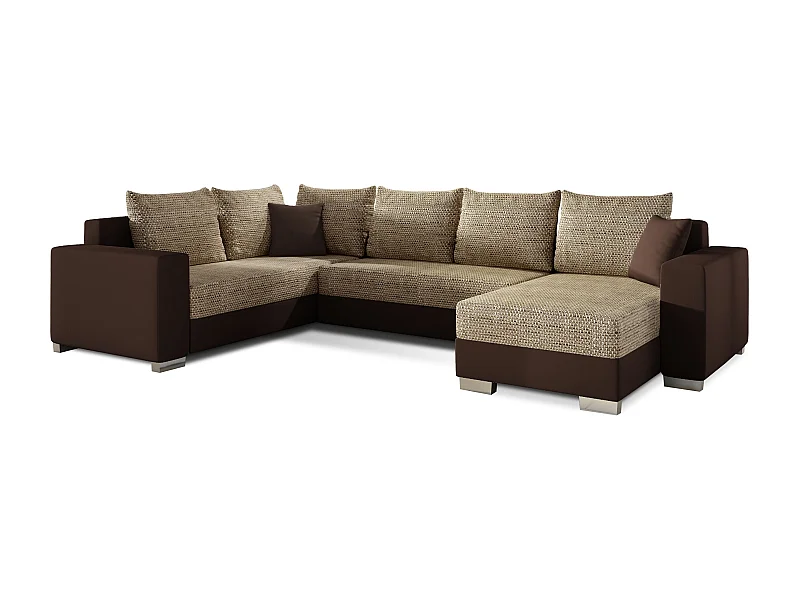 Canapé U convertible tissu beige chiné et simili marron foncé coffre de rangement à droite Marry 321cm