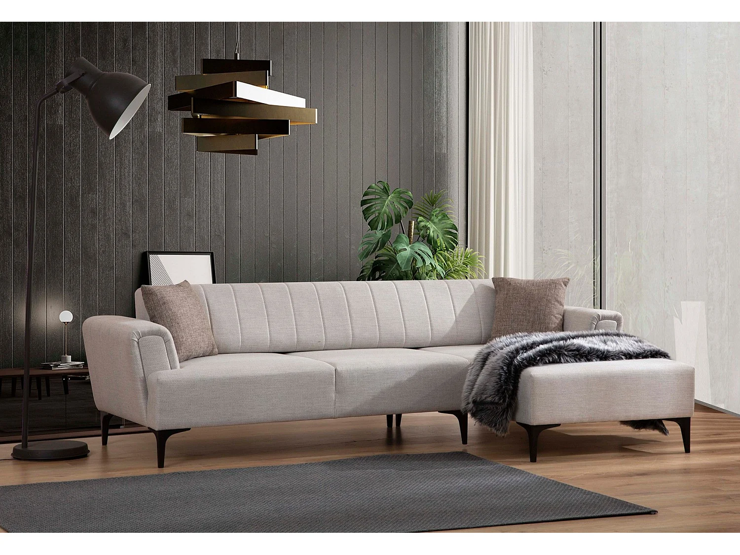 Canapé d'angle à droite convertible Devinos Tissu Écru