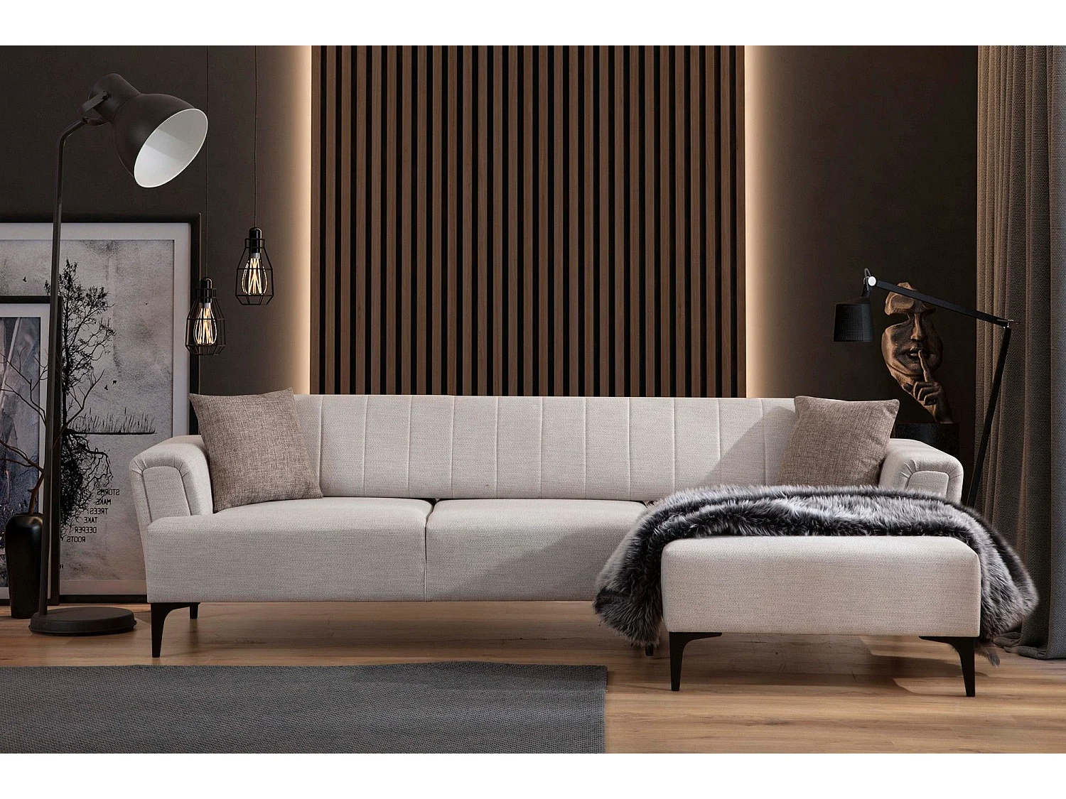 Canapé d'angle à droite convertible Devinos Tissu Écru