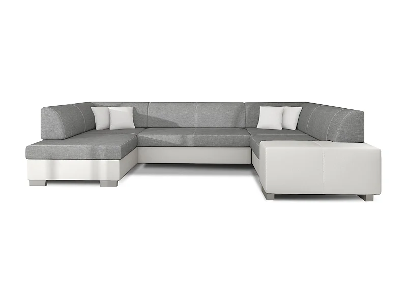 Canapé convertible panoramique bi matières tissu gris clair et simili cuir blanc avec coffre de rangement Houston 320cm-Coffre de rangement à gauche