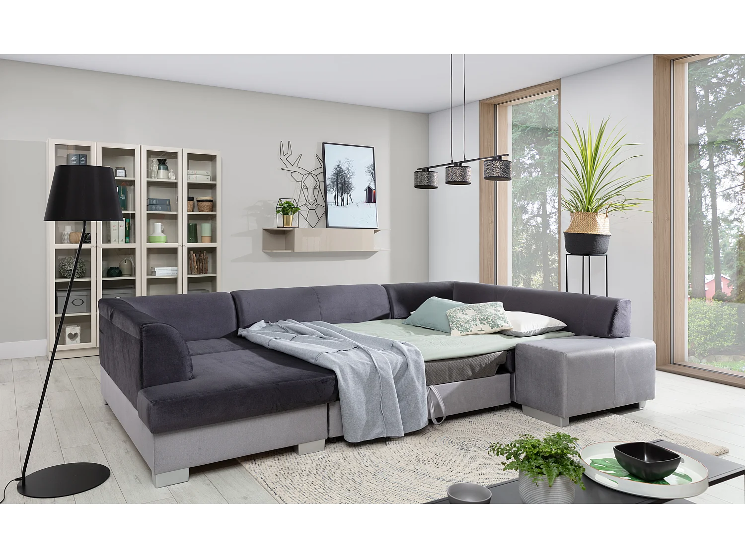 Canapé convertible panoramique bi matières tissu gris clair et simili cuir blanc avec coffre de rangement Houston 320cm-Coffre de rangement à gauche