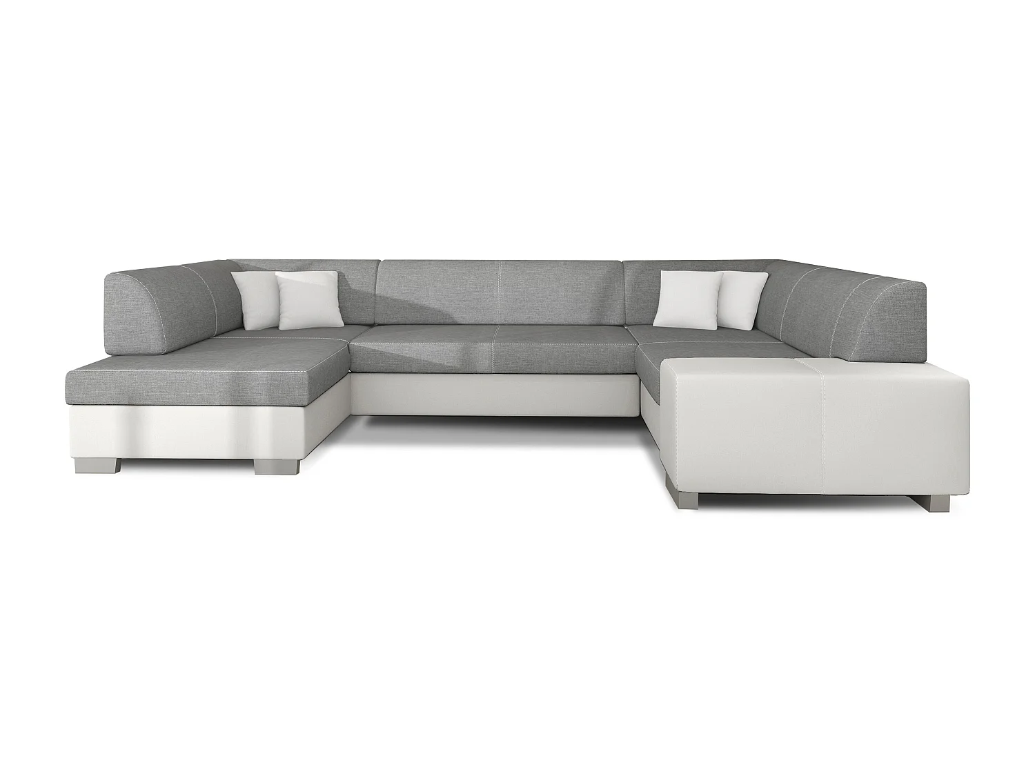 Canapé convertible panoramique bi matières tissu gris clair et simili cuir blanc avec coffre de rangement Houston 320cm-Coffre de rangement à gauche
