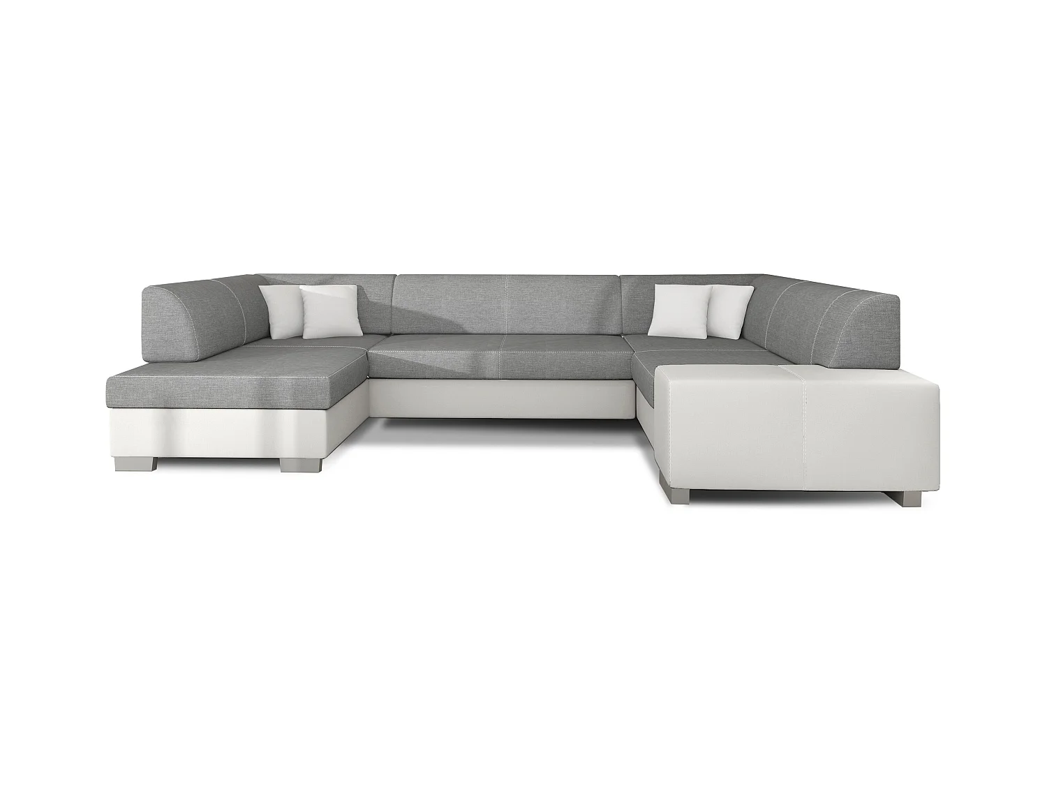 Canapé convertible panoramique bi matières tissu gris clair et simili cuir blanc avec coffre de rangement Houston 320cm-Coffre de rangement à gauche
