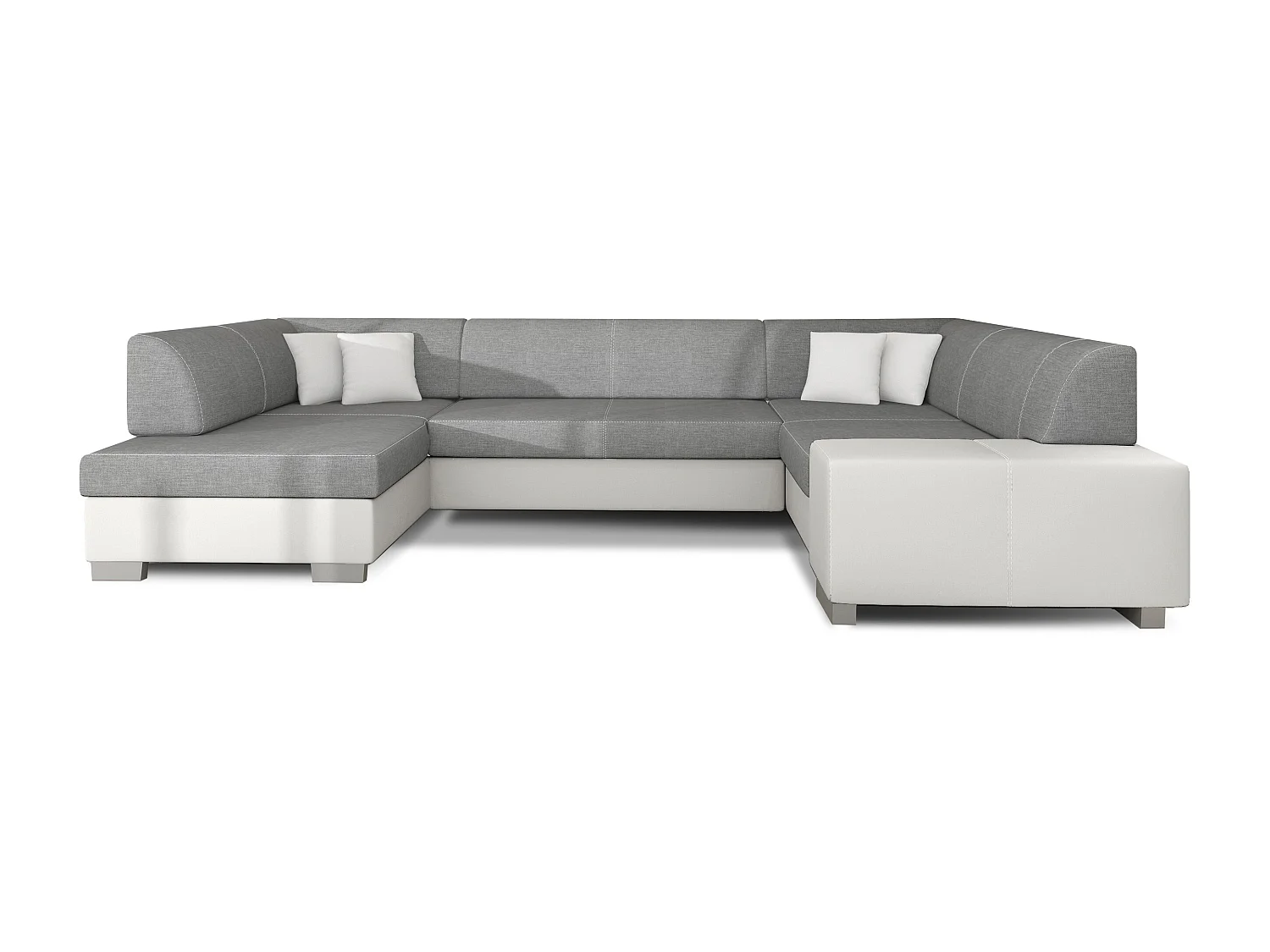 Canapé convertible panoramique bi matières tissu gris clair et simili cuir blanc avec coffre de rangement Houston 320cm-Coffre de rangement à gauche