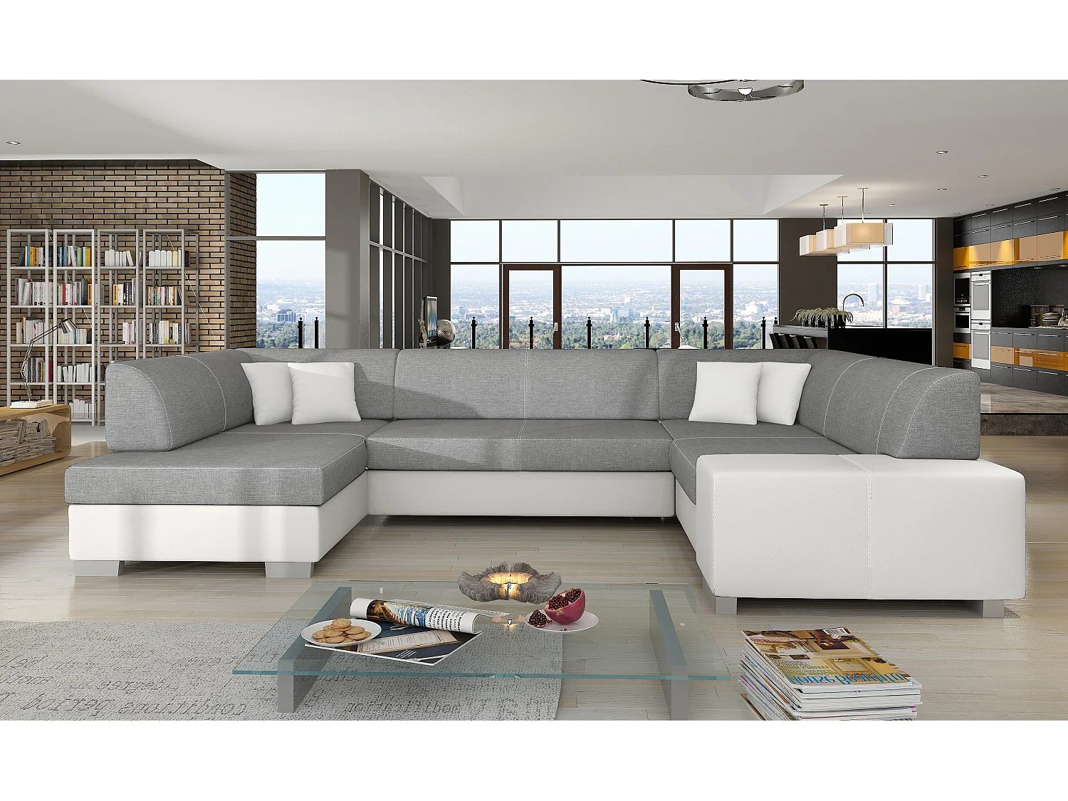 Canapé convertible panoramique bi matières tissu gris clair et simili cuir blanc avec coffre de rangement Houston 320cm-Coffre de rangement à gauche