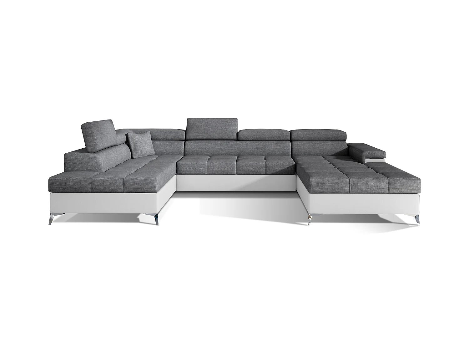 Canapé panoramique bi-matières tissu gris et simili cuir blanc coffre de rangement à gauche Kutty 345cm