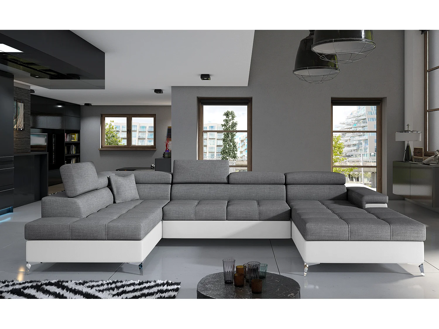 Canapé panoramique bi-matières tissu gris et simili cuir blanc coffre de rangement à gauche Kutty 345cm