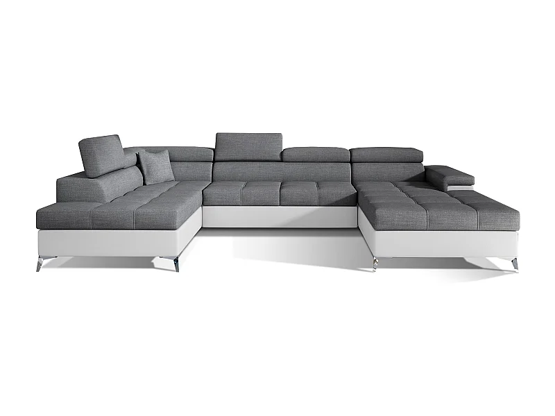 Canapé panoramique bi-matières tissu gris et simili cuir blanc coffre de rangement à gauche Kutty 345cm