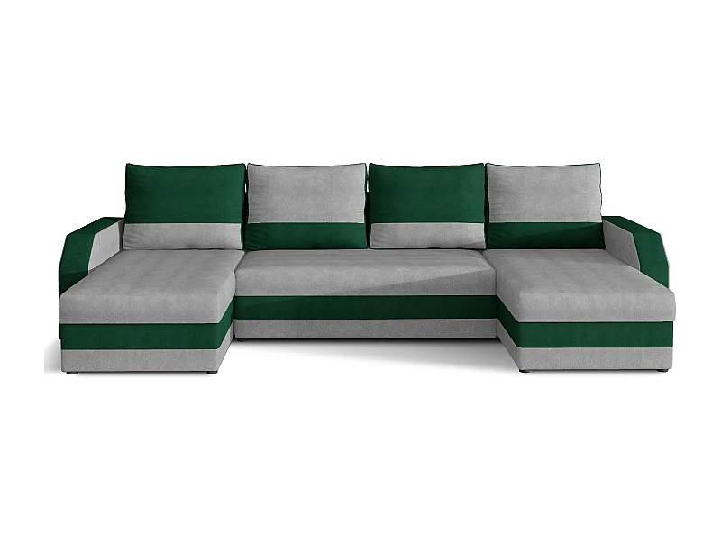 Canapé d'angle convertible panoramique bicolore velours gris clair et vert Nordy 307cm