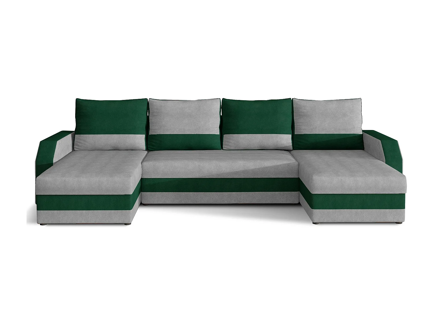 Canapé d'angle convertible panoramique bicolore velours gris clair et vert Nordy 307cm