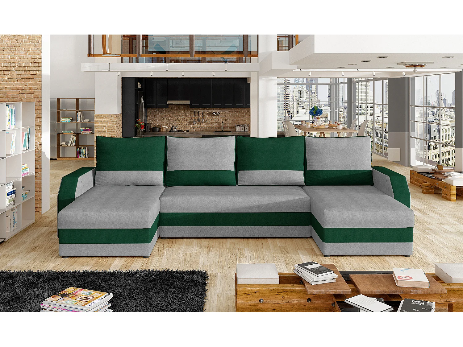 Canapé d'angle convertible panoramique bicolore velours gris clair et vert Nordy 307cm